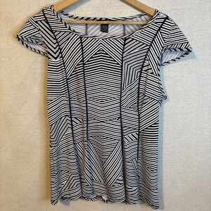 Robert Louis Womens Blouse Top Large Black White Short Sleeves Geometric Office‎